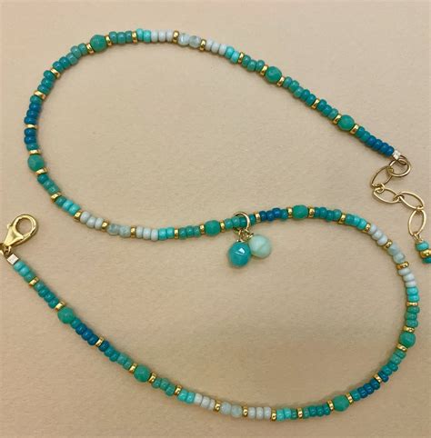 14k Gf Turquoise Seed Bead Necklace With Turquoise And Light Green Beads Pendant Turquoise