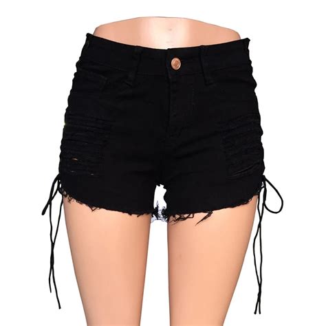 Women Denim Shorts Stylish Cross Lace Up Ripped Hollow Hole Denim