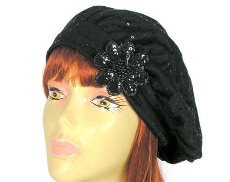 Black Sequin Beret Slouchy Beret Sequin Berets Sequin Chemo - Etsy