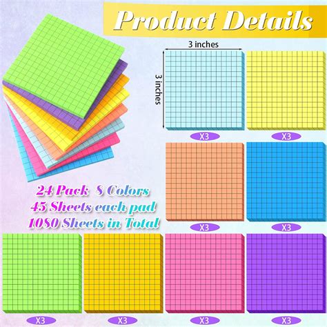 Paquete de 24 notas adhesivas de cuadrícula forrada de 3 x 3 pulgadas