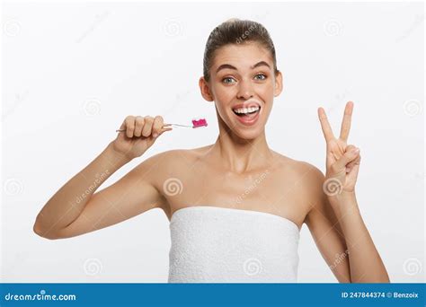 Beauty Portrait Of A Happy Beautiful Half Naked Woman Brushing Her