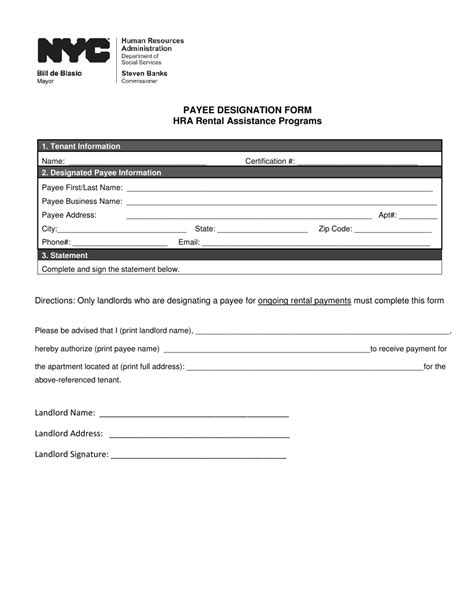 New York City Payee Designation Form Hra Rental Assistance Programs