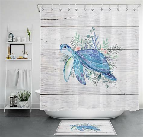 Coastal Serenity Tropical Sea Turtle Shower Curtain With Leafy Green