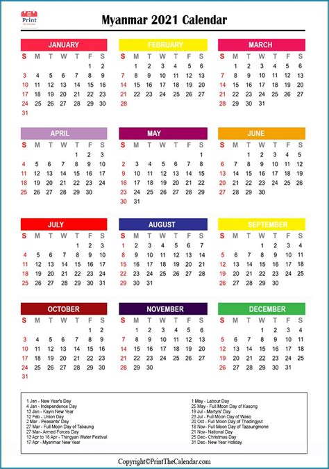 Myanmar Calendar 2021 with Myanmar Public Holidays