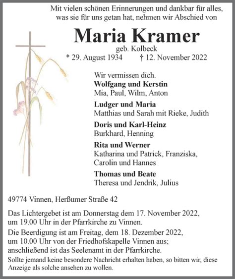 Traueranzeigen Von Maria Kramer Om Trauer De