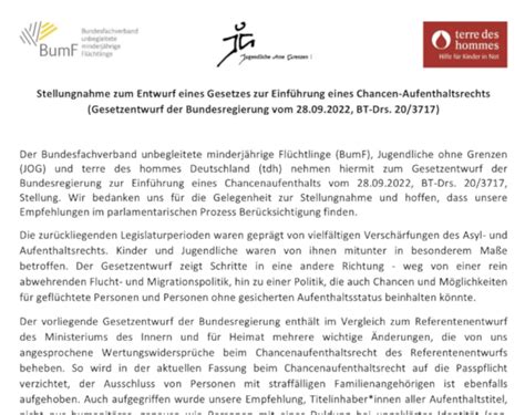 Stellungnahme zum Gesetzesentwurf für das Chancen Aufenthaltsrecht