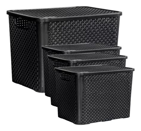 Kit 4 Caixas Rattan Organizadoras 70 E 25 Litros Tampa Cor Preto