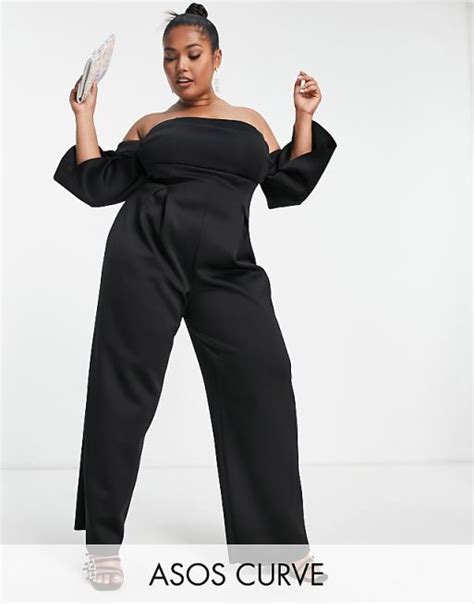 Asos Design Curve Ruched Bardot Scuba Jumpsuit In Black Asos