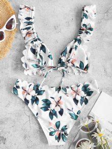 Zaful Flower Ruffle Scalloped Bikini Swimwear In White Zaful