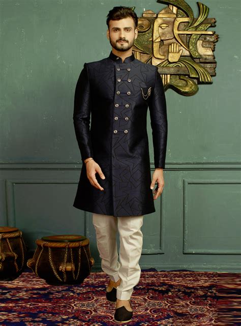 Navy Blue Jacquard Readymade Indo Western Sherwani