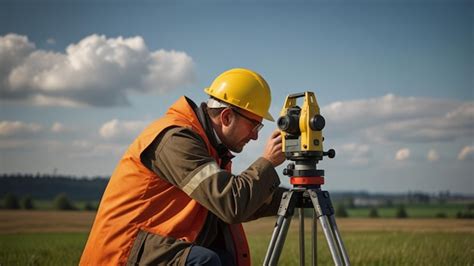 A Surveyor Using A Theodolite Or Total Station On A Tripod Taking