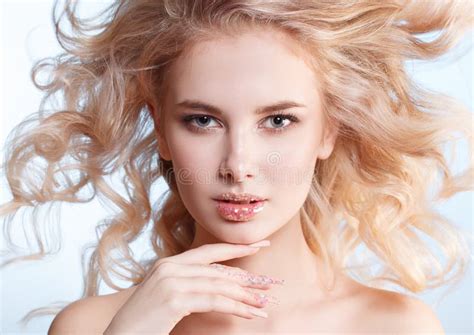 Close Up Portrait Of Beautiful Curly Blondy Woman With Perfect Art Make Up Trendy Frosted Nail