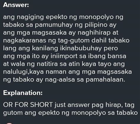 Ano Ang Naging Epekto Ng Monopolyo Ng Tabako Sa Pamumuhay Ng Sinaunang