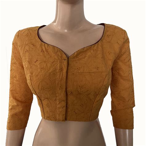 Hakoba Cutwork Cotton Y Neck Blouse With Lining Mustard Yellow Bw114