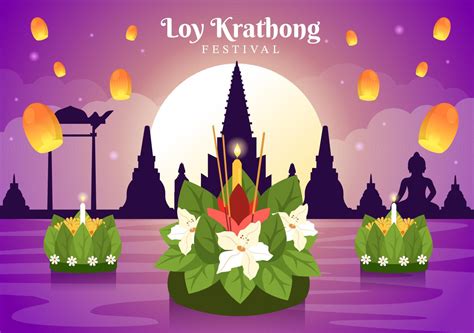 Loy Krathong Festival Celebration in Thailand Template Hand Drawn Cartoon Flat Illustration with ...