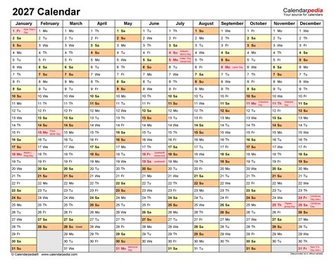 2027 Calendar - Free Printable PDF Templates - Calendarpedia