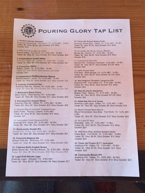 Menu at Pouring Glory pub & bar, Fort Worth