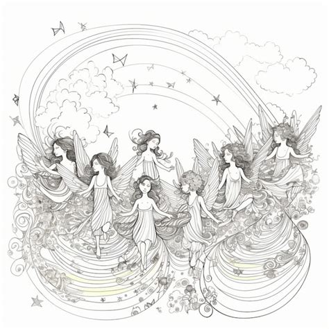 Premium Photo | A drawing of a group of angels flying over a rainbow ...