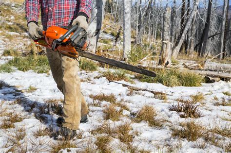 Close Up Of Man Holding Chainsaw While Camping In Montana Stock Photo