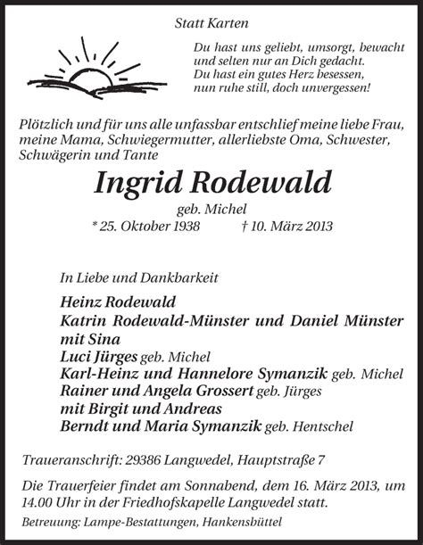 Traueranzeigen Von Ingrid Rodewald Az Trauer De