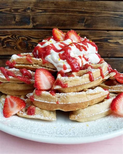 Homemade Waffles Topped With Strawberries And Whipped Cream Food Meal