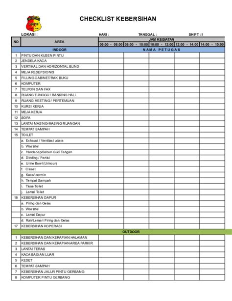 Contoh Check List Kebersihan Ruang Ilmu