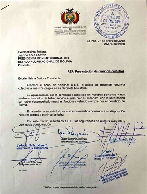 Ministros Presentan Carta De Renuncia Colectiva A Áñez Periódico La Patria