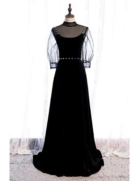 Elegant Long Black Evening Dress With Illusion Neckline Sheer Sleeves