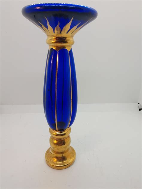 Euroglass Cobalt Blue Bud Vase With Gold Gilding Made In Etsy