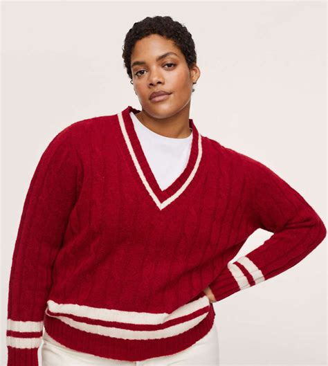 Mango Cable Knit Varsity Sweater In Red With White Stripes Modesens