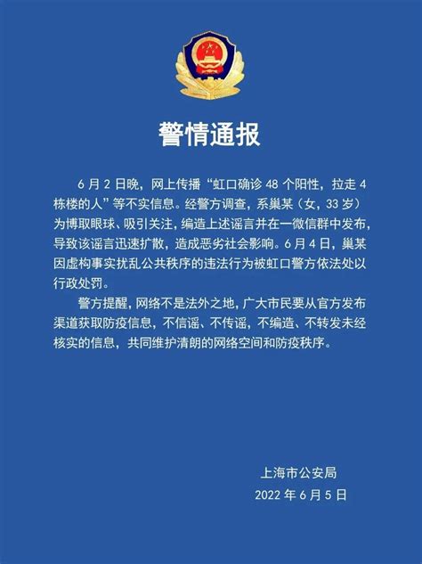 6月20日上海再封一个月？不实！女子造谣“虹口确诊48个阳性”被行政处罚