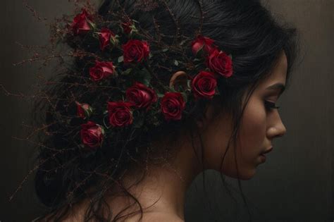 Premium Photo Beautiful Young Woman With Long Black Hair And Red Roses In Her Hair