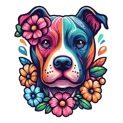 Premium Vector | Cute colorful pitbull head with flowers on the side