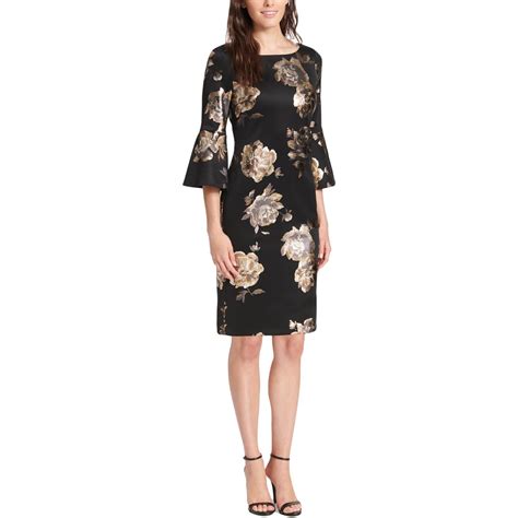 Jessica Howard Womens Black Floral Print Bell Sleeves Sheath Dress 16