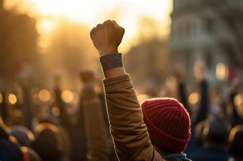 Un Pu O Levantado De Un Manifestante Un Gran Grupo De Manifestantes