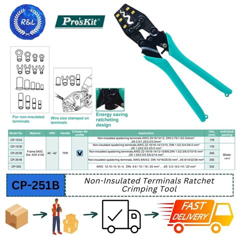 Proskit CP 251B Non Insulated Terminals Ratchet Crimping Tool 8PK