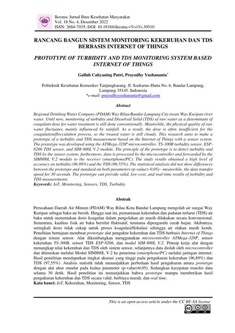 Pdf Rancang Bangun Sistem Monitoring Kekeruhan Dan Tds Berbasis Internet Of Things