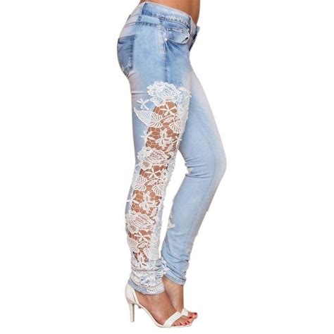 Buy Autumn Women Elegant Sexy Denim Pencil Skinny Jeans Lace Floral