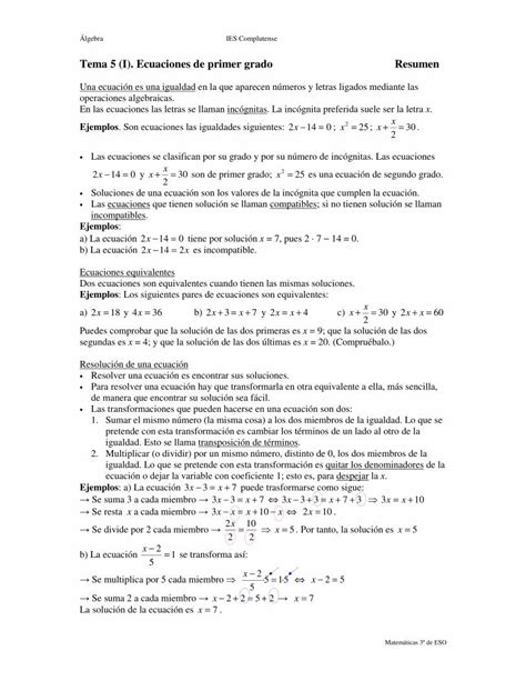 PDF Tema 5 I Ecuaciones de primer grado Resumen Matemáticas 3º