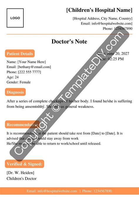 Children's Hospital Doctors Note Template Printable PDF Word