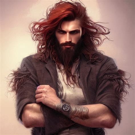 Prompthunt Portrait Of A Manly Wolf Male Handsome Masculine Full Body Red Hair Long Hair