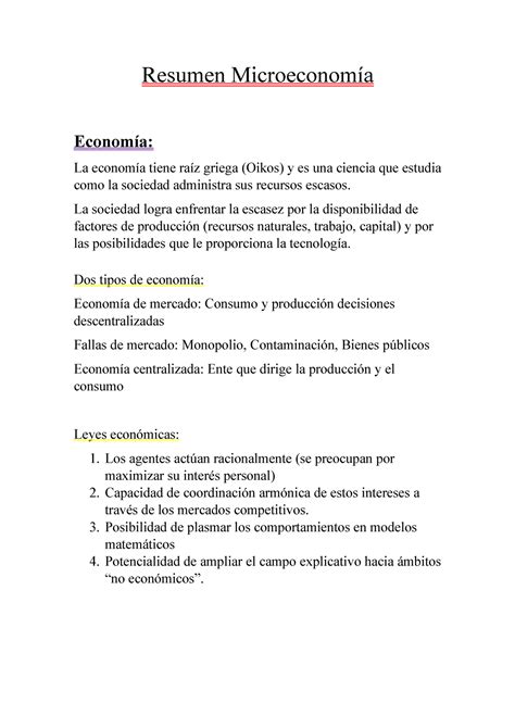 Resumen Microeconomía Resumen Microeconomía Economía La economía