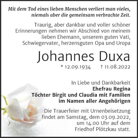 Traueranzeigen Von Johannes Duxa Abschied Nehmen De