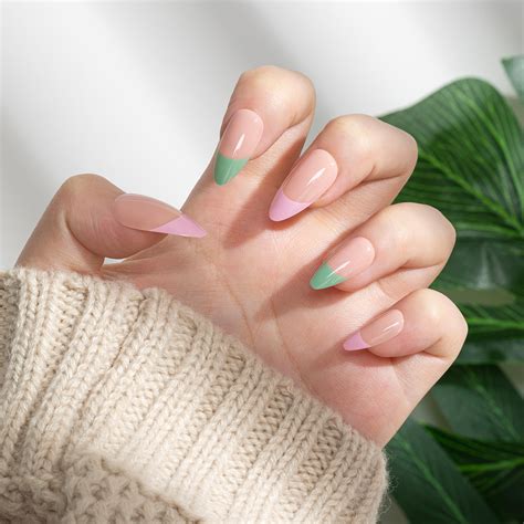 French Tip Nails Almond Shape With Pink Green French Tips RAINBOO