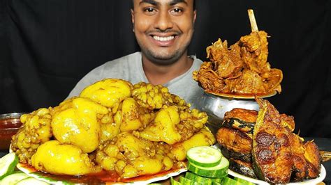 Eating Most Oily Mutton Fat Curry Spicy Mutton Curry Crispy Fish Fry