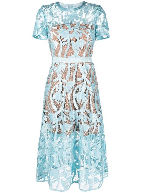 Self Portrait Guipure Lace Flared Midi Dress Blue FARFETCH