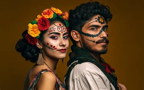 Premium Photo A Man And Woman With Painted Faces And Painted Flowers