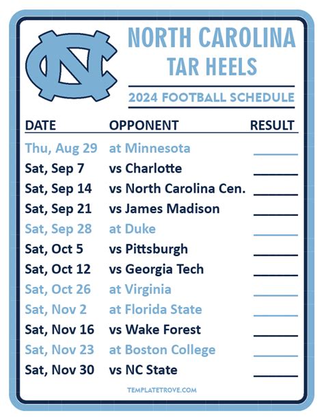 Printable 2024 North Carolina Tar Heels Football Schedule