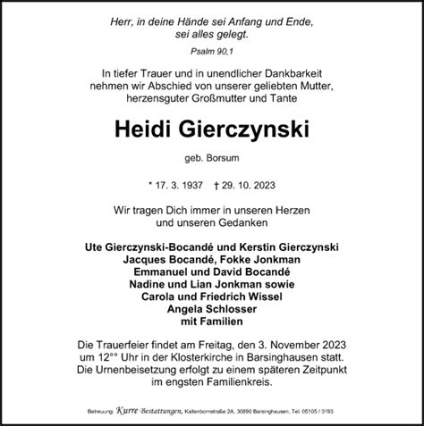 Traueranzeigen Von Heidi Gierczynski Trauer Anzeigen De