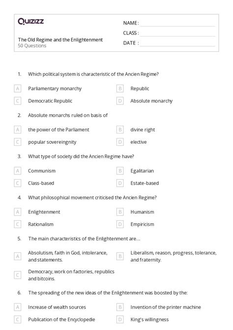 The Enlightenment Worksheets For Th Class On Quizizz Free